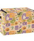 Heavy Duty Foldable Storage Bin With Large Clear Window And Dual Zipper Openings For Quick Grab Access Interior Steel Frame Keeps Structure Intact Festive Pumpkin Ghost Art Collage side view displaying vibrant and colorful Halloween design.