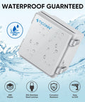 Waterproof Electrical Junction Box IP67 Enclosure in Off White ABS Plastic with Hinged Cover, showing durability in wet conditions