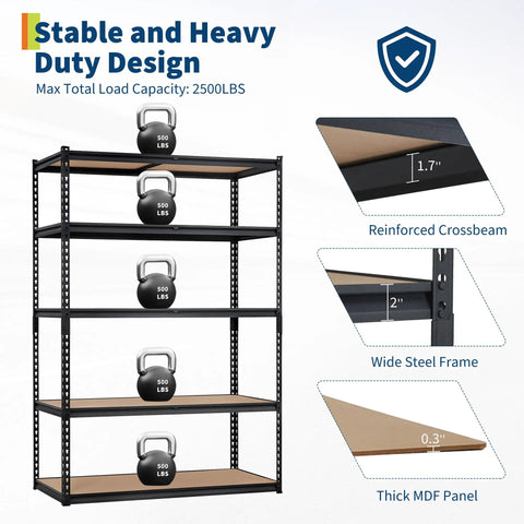 Heavy Duty Five Tier Metal Shelving Unit With Reinforced Steel Frame And Adjustable Thick Mdf Shelves Rock Solid Garage Storage Rack showcasing weight capacity with kettlebells.