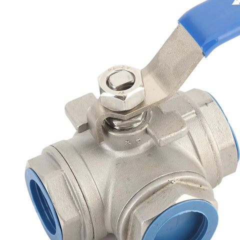 Heavy Duty One Inch Three Way L Type Ball Valve Female Threads 304 Stainless Steel with blue twist handle close-up.