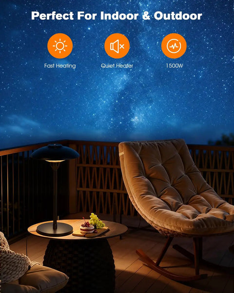 Infrared 1500W Patio Heater For Indoor Outdoor Use With Tabletop Switch IP55 Waterproof, shown on a patio table at night.