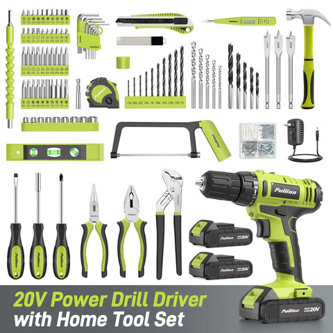 Smooth Operator 20V Cordless Drill Driver With 199 Piece Power Tool Set Including Two Batteries Quick Charger Led Light And Rugged Tool Box For Easy Home Projects Furniture Assembly And Wood Metal Drilling Built Tough To Crush Any Job featuring various tools and drill.
