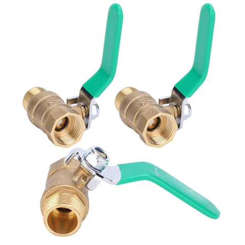 Top Shelf One Half Inch Premium Brass Ball Valve For Hot And Cold Water Piping Systems Built Damn Tough For Indoor Natural Gas And No Fuss DIY Home Upgrades Corrosion Resistant Quick Shut Off Design - pack of 3 brass valves with green handles.