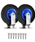 Heavy Duty Swivel Caster Wheels Roll Out Smooth With Inflatable Rubber Tires For Industrial Transport Carts And Mobile Worktables Includes Fixed Braked Setups Top Shelf Two Pack Eight Inch Diameter with blue wheels and silver brackets