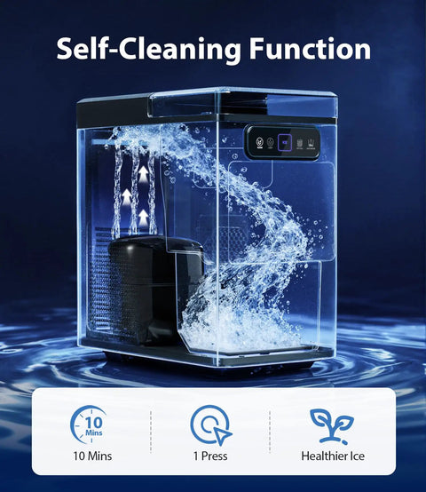 Countertop Nugget Ice Maker Drops Forty Pounds Daily, Serves Chewable Pellet Ice In Minutes, showing self-cleaning function.