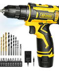 12V Cordless Drill With Rechargeable Battery And Fast Charger Three Eighth Inch Keyless Chuck Lightweight Power Tool In Yellow and accessories laid out.