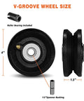 V-groove wheel size with 4" diameter and 1.5" width, includes roller bearing, Heavy Duty Cast Iron V Groove Roller Wheels Rock Solid Industrial Casters With Precision Ball Bearings 2400 Lbs Load Capacity For Sliding Gates And Overhead Track Rails Smooth Glide Black 4 Pack.