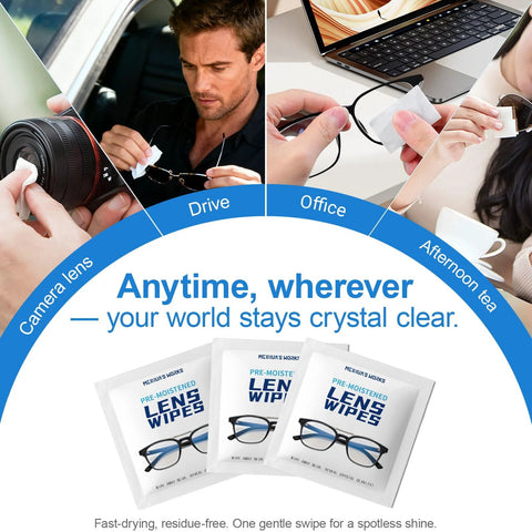 Third-generation lens wipes, 120-count, individually wrapped pre-moistened cleaning wipes for glasses, camera lenses, and screens.
