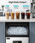 Straight Up Solid Commercial Ice Maker Makes 120 Lbs Daily Under Counter Design With A 33 Lb Storage Bin And Easy Water Filter Setup For House Parties That Gonna Run Super Chill, showing ice cubes and cold drinks on countertop.
