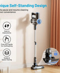 Cordless Vacuum Cleaner With Self Standing And LED Screen shown upright against wall, highlighting self-standing feature.