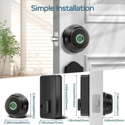 Top Tier Fingerprint Deadbolt Smart Lock With Bluetooth App Control And Steel Keys For Main Entrance, dimensions and simple install guide.