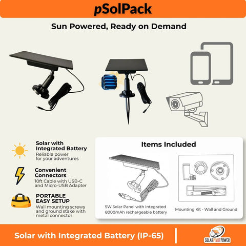 Portable Weatherproof Solar Charging Station With Integrated 8000mAh Battery shows solar panel, connectors, and setup items.