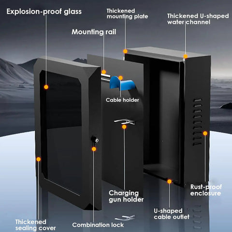 Premium EV Charger Cover Outdoor Lock Box With Tempered Viewing Panel And Ventilated Side Doors To Shield Your Rig From Elements Plus Plug N Play Ready For Standard Home Stations 20X10X35 showing features like thickened glass and cable holder.