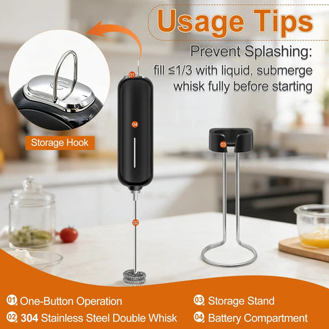 Handheld Milk Frother With Double Whisk Battery Operated Electric Foam Maker on counter with black stand and storage hook