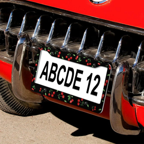 Cherry Themed Aluminum License Plate Frame With Anti Slip Breathable Steering Wheel Cover Dope Little Red Cherries Look Includes Screws Fasteners Caps For Cars Trucks SUVs Minivans Easy Install For Men And Women on vintage car