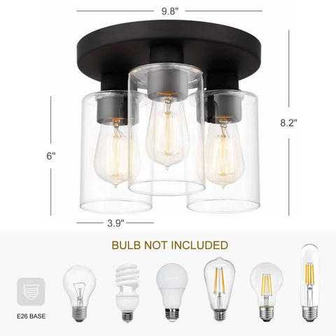 Modern Farmhouse 3 Light Flush Mount Ceiling Light Fixture With Clear Glass Shade In Dark Bronze Finish For Hallway Entryway Passway Bedroom Garage Kitchen Balcony Living Room with dimensions and bulb types shown