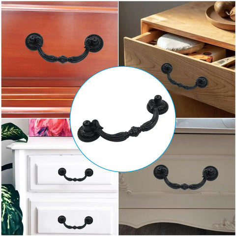 Premium Vintage Bail Pull Handles Two Seventy Five Inch Center Spacing Hella Durable Antiqued Black Cabinet Drawer Knobs showcased on various drawers.