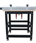 Rock Solid Birch Plywood Router Table Workhorse Featuring Precision Manual Lift Dial And Seamless Aluminum Fence, front view showcasing steel stand.