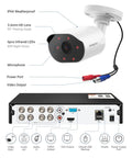 Diagram of 8 Channel Wired Security Camera System With 4 Indoor And Outdoor 1080P Cameras, showing ports and features.