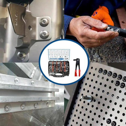 Heavy Duty Pop Rivet Gun Coupled With A Game Changing Assortment Kit, featuring black rivets and fasteners in use on metal.