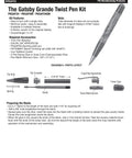 Diagram showing parts layout for Gatsby Grande Twist Ballpoint Pen Kit Starter Pack For Woodturning with hardware and bushing.