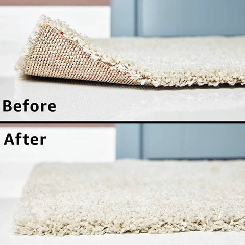 Before and after image of using Non Slip Rug Pad Grippers Corner 4 Pack, showing rug flat and secure on hardwood floor.