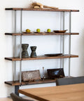 Front view of wall-mounted shelf with four 1/2-inch stainless steel threaded rods and three dark wood planks, 36 inches long