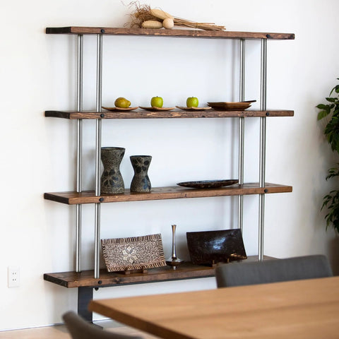Front view of wall-mounted shelf with four 1/2-inch stainless steel threaded rods and three dark wood planks, 36 inches long