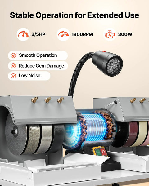 Cabbing Machine With Pro Grade Six Inch Diamond Wheels For Gemstone Grinding And Polishing, 2/5 HP, 1800 RPM with LED