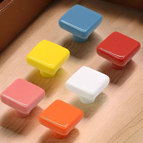 Totally Fresh Glossy Ceramic Square Cabinet Knobs And Drawer Pulls In Bold Red Set Of Six Super Heavy Duty Handles For Kitchens Or Dressers With Easy Peasy Hardware Setup - Colorful knobs in red, yellow, blue, pink, white, and orange.