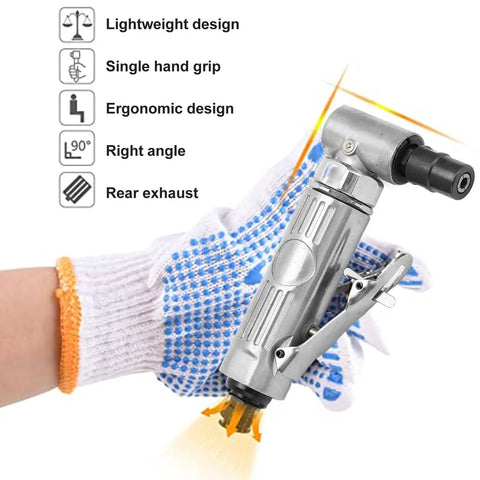 High Output 90 Degree Air Angle Grinder Kit 20K RPM 03 Motor Mini Die Grinder With Heads in use with ergonomic grip for tight spots.