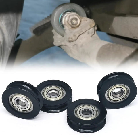 4-Pack Black PU U-Groove Roller Bearings 24mm OD Pulley Wheels 5mm Bore set displayed from above with smooth finish and steel cores.