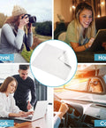 Microfiber cleaning cloth, white, for camera lenses and screens; center image with travel, home, car and work scenes.