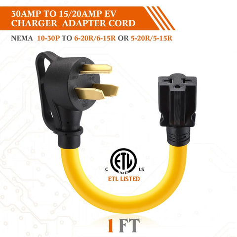 Game Changer 10 To 30P Dryer Adapter Converts Standard 30 Amp Outlet To 5 15 Or 20 R Straight Blade For Level 2 Ev Charger Smooth Plug And Play Setup with yellow 1 ft cable.