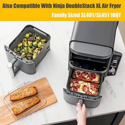 Two Pack Reusable Silicone Air Fryer Liners For DualZone DZ550 DZ550GY DZ401 DZ302 And 9 To 10 Qt Dual Basket Air Fryers in use
