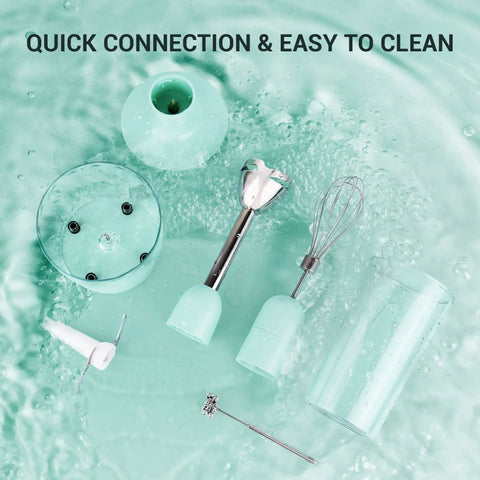 All-In-One 5-In-1 Immersion Hand Blender With 500W Power And Quick-Connect Attachments displayed on green background