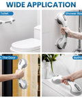 Image showing Heavy Duty 2 Pack Suction Grab Bars For Showers Rock Solid 12 Inch Handles in use on toilet, shower, door and bathtub.