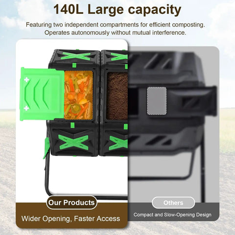 Dual Chamber 140L Outdoor Tumbling Compost Bin with open side showing kitchen scraps and soil in two compartments