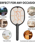 Two Pack Beast Mode High Voltage Bug Zapper Racket For Mosquitoes And Flies With Large 45x20 Cm Head Safe Protective Mesh Indoor Outdoor Use Battery Powered With AA Batteries Not Included Black And Gray shown in various settings.