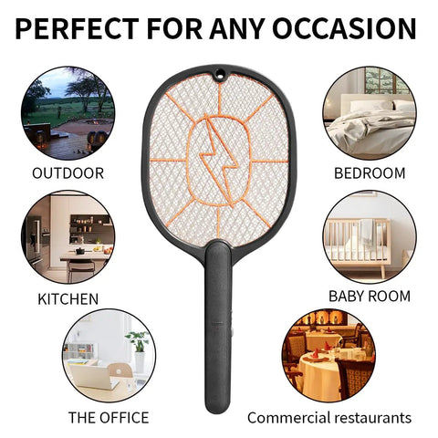 Two Pack Beast Mode High Voltage Bug Zapper Racket For Mosquitoes And Flies With Large 45x20 Cm Head Safe Protective Mesh Indoor Outdoor Use Battery Powered With AA Batteries Not Included Black And Gray shown in various settings.