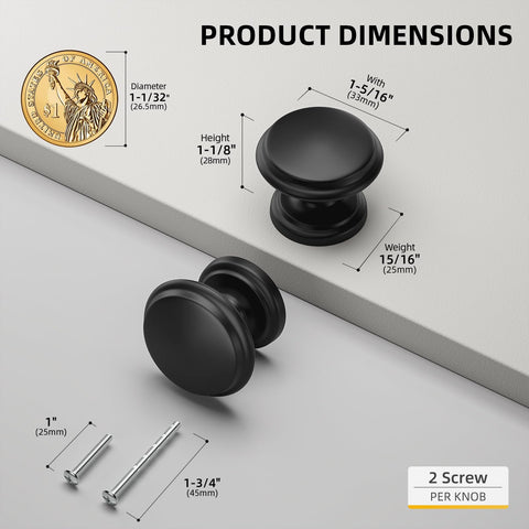25 Pack Matte Black Round Cabinet Knobs With I Shape Design, showing dimensions and screws, zinc alloy, 33mm diameter, 25mm base