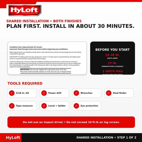 HyLoft shared installation guide for adjustable ceiling mount overhead storage rack with tools required.