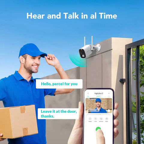 Wireless Outdoor Security Camera With 2K Color Night Vision And AI Motion Detection mounted on wall, delivery view on phone