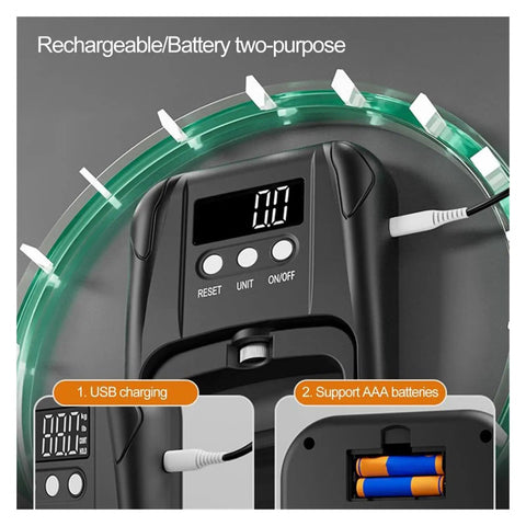 Top Tier Digital Grip Force Gauge Tester Pushes And Pulses Up To 265 Pounds USB Powered Hand Dynamometer showing USB and battery compartments.
