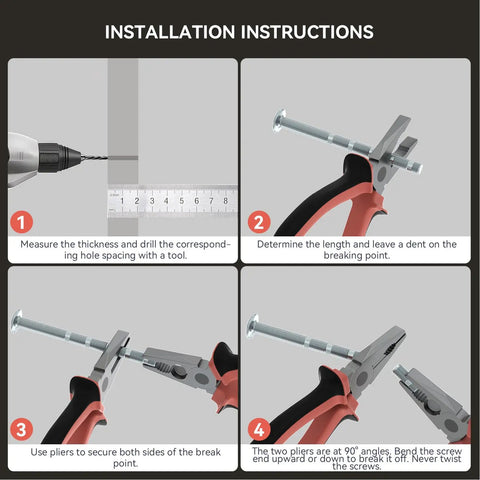 Installation instructions for 30 Pack 3 Inch Center To Center Brushed Nickel Cabinet Pulls Modern Stainless Steel Cabinet Handles Five Inch Overall Length showing measurement, drilling, and breaking screw steps.