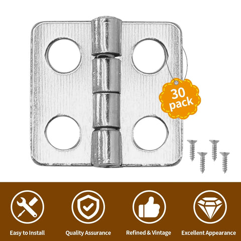 Hella Durable Mini Cabinet Hinges Offer A Crisp Silvery White Finish That Takes Daily Bashing Without Giving Out Includes Thirty Compact Units Ready For Any Quick Household Fix, featuring a single silver hinge and mounting screws.