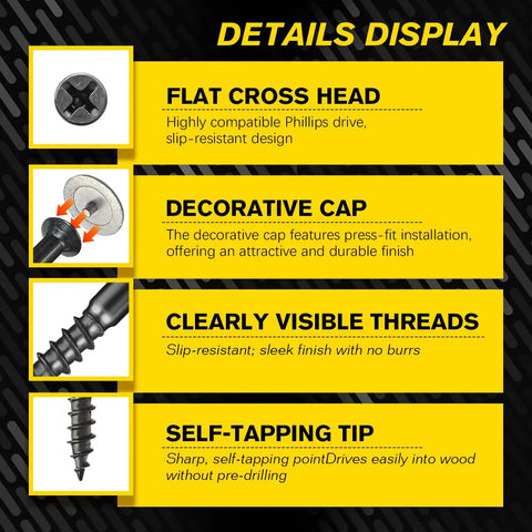 DIY 400-Piece Cross Flat Head Self Tapping Screws With 200 Decorative Cover Caps In A Reusable Organizer Box details display