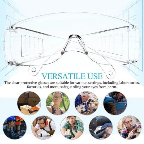 Six Pair Safety Glasses With Ventilated Louvered Frames And Wraparound Side Shields For Lab Projects And Shop Work Impact Resistive Clear Lenses, front view showcasing clear lenses.