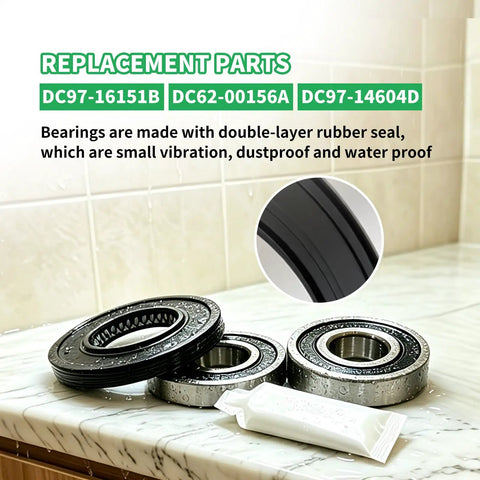 Top Tier Washer Seal Bearing Kit Knockout Durability Heavy Duty Tub Bearings on marble surface showing rubber seals.