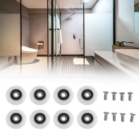 Heavy Duty Replacement Shower Door Rollers For 19mm 23mm And 25mm Glass Sliding Doors with nylon wheels and screws in modern bathroom setting.